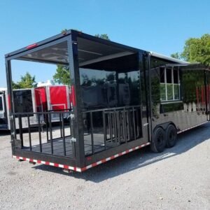 8.5' x 32' Black on Black BBQ Porch Concession Food Trailer