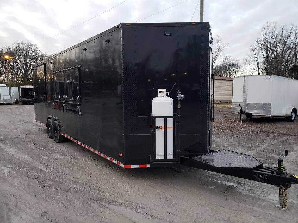 8.5′ x 28′ Black Concession Food Trailer with Restroom and Appliances