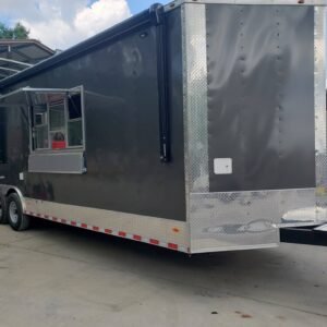 8.5' x 28' Charcoal Gray Porch Style Concession Trailer with Restroom