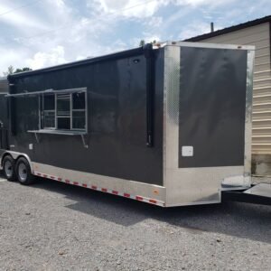8.5' x 28' Charcoal Gray BBQ Porch Concession Food Trailer with Restroom And Appliances