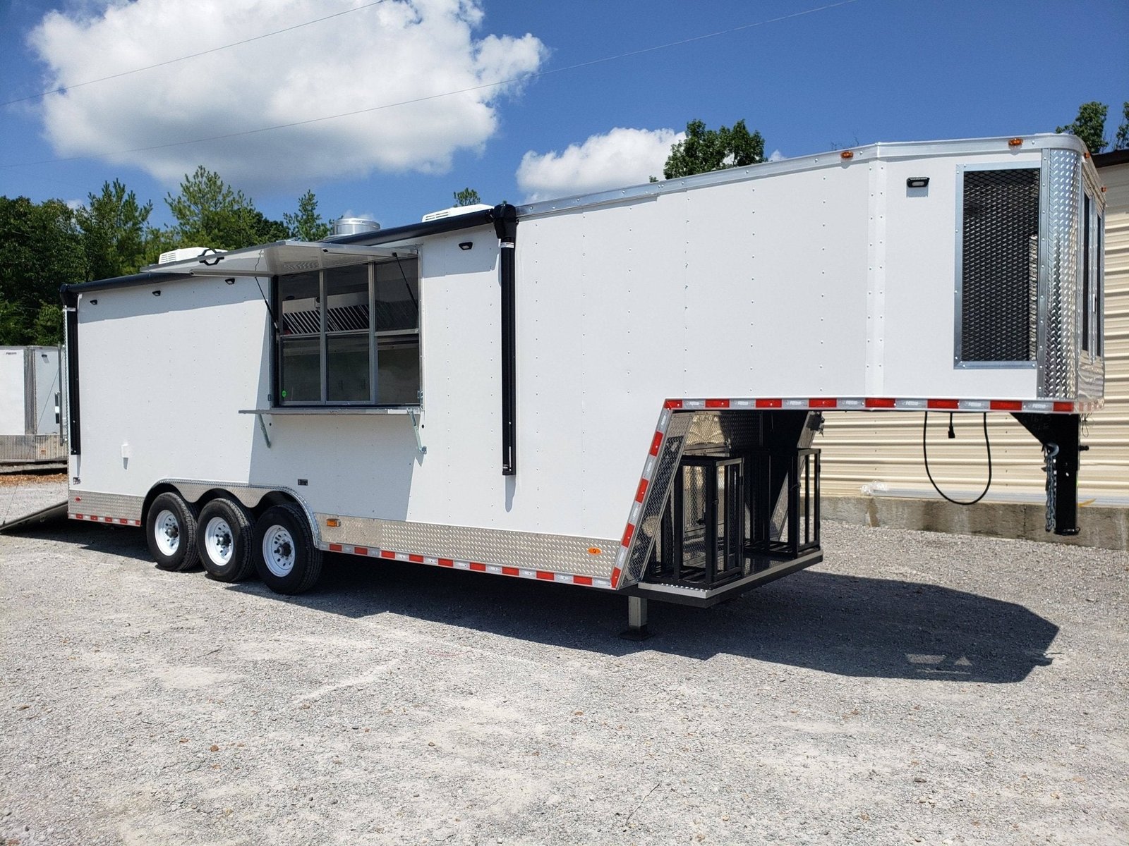 8.5′ x 32′ White Gooseneck Concession Trailer
