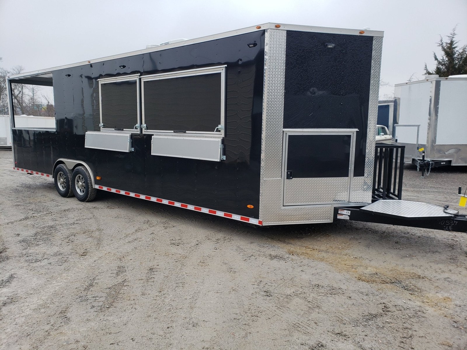 8.5′ x 28′ Black Porch Style BBQ Vending Concession Trailer
