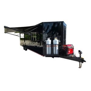 8.5' X 32' Black With Blackout BBQ Porch Concession Trailer With 12ft Porch