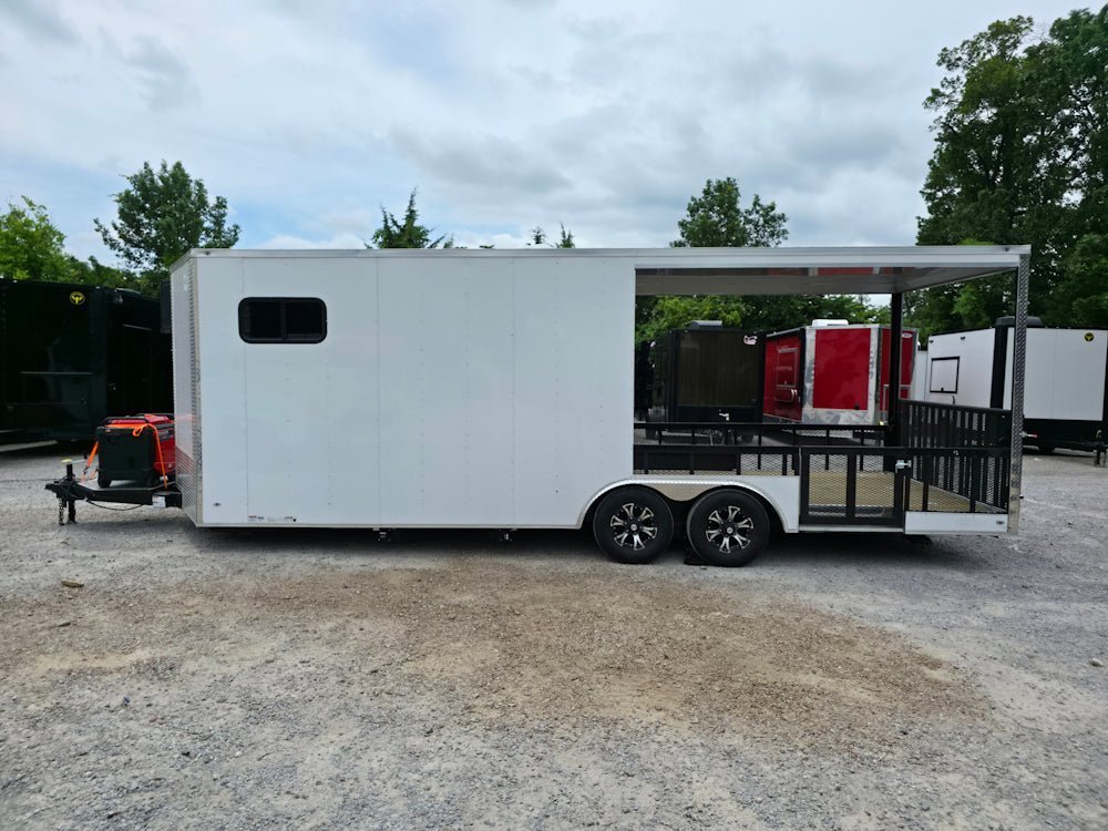 8.5′ X 24′ White Concession Trailer and Toy Hauler With 11 ft BBQ Porch — photo 4