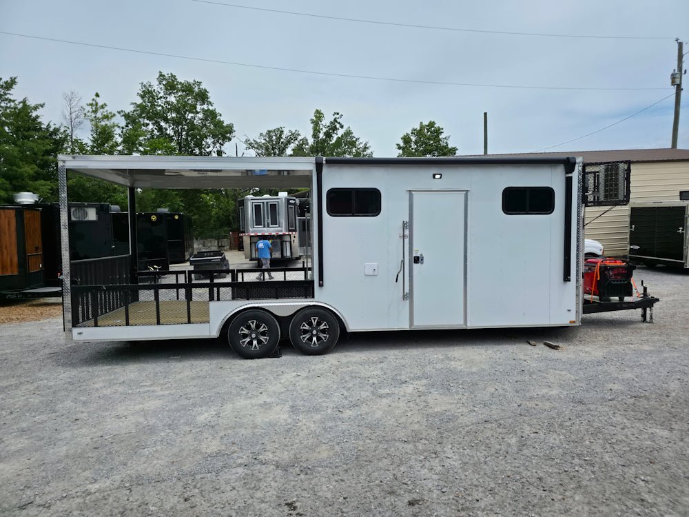 8.5′ X 24′ White Concession Trailer and Toy Hauler With 11 ft BBQ Porch — photo 9