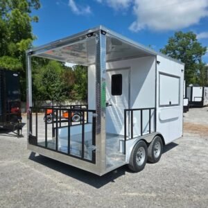8.5 x 14 white BBQ trailer with 7-foot railed porch - view 8