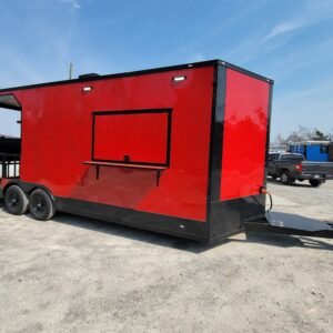 8.5' X 22' Custom BBQ Concession Trailer Victory Red With 8' Porch Black and Blackout Trim