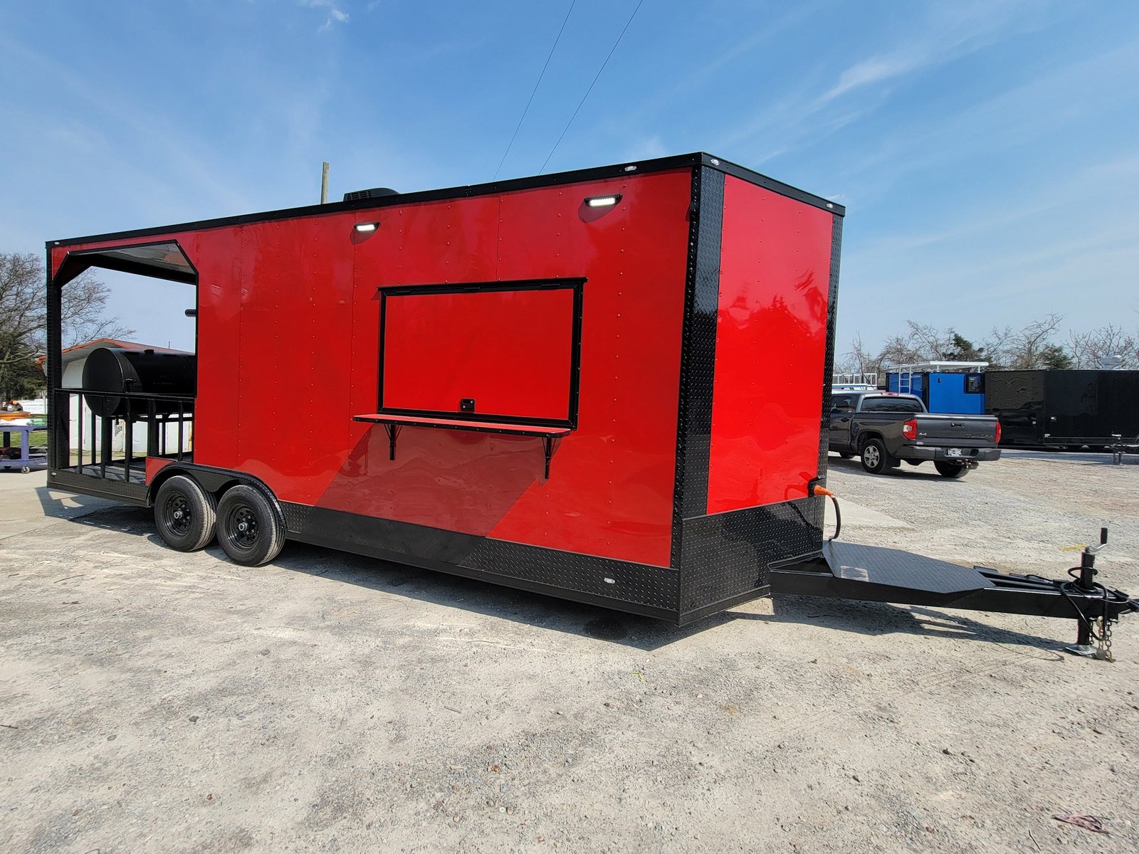 8.5′ X 22′ Custom BBQ Concession Trailer Victory Red With 8′ Porch Black and Blackout Trim