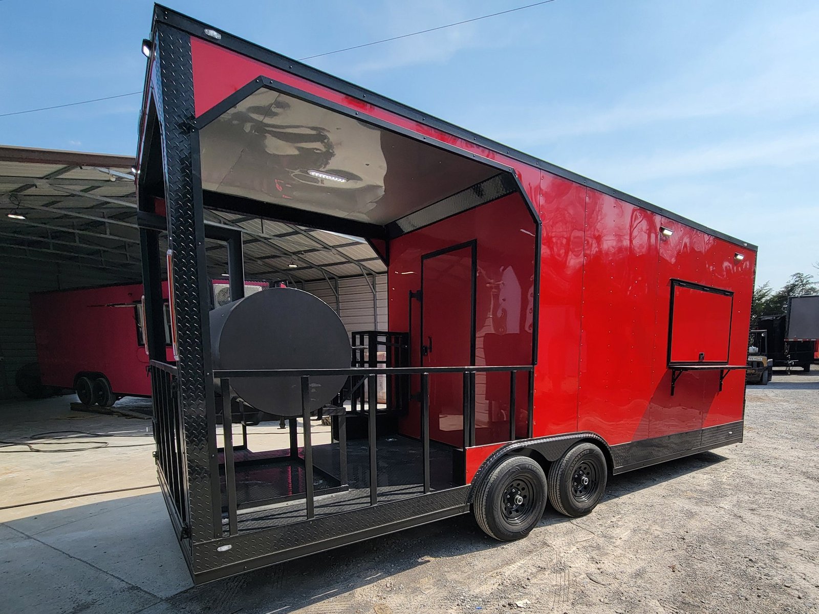 8.5′ X 22′ Custom BBQ Concession Trailer Victory Red With 8′ Porch Black and Blackout Trim — photo 4