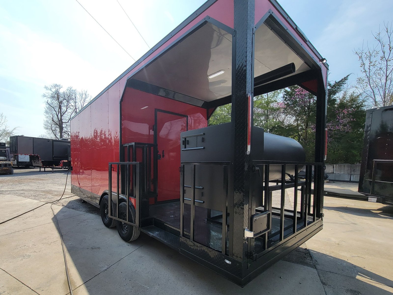 8.5′ X 22′ Custom BBQ Concession Trailer Victory Red With 8′ Porch Black and Blackout Trim — photo 6