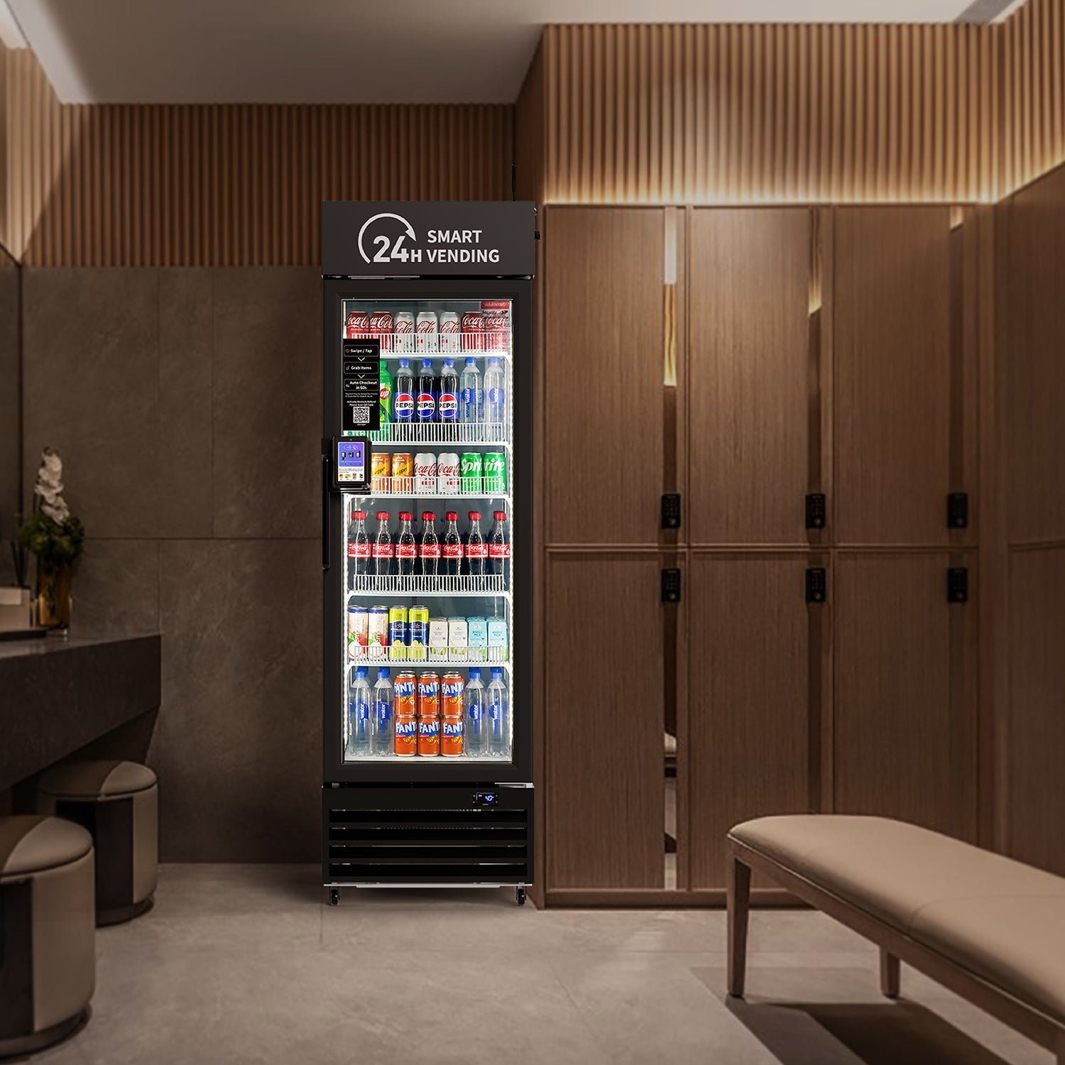 HAHA AI Vending Mini 360 | Touch Card Reader – Smart Refrigerated Combo with 252 bottles space HAHA AI Vending Mini 360 smart refrigerated combo front view - view 3