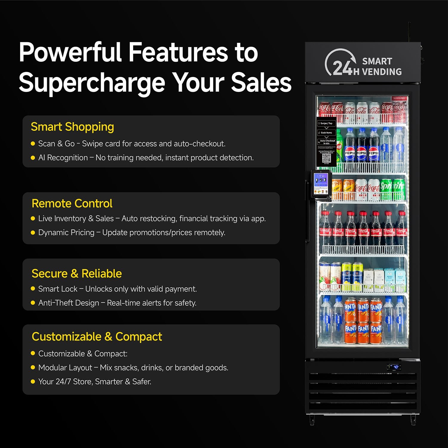 HAHA AI Vending Mini 360 | Touch Card Reader – Smart Refrigerated Combo with 252 bottles space HAHA AI Vending Mini 360 smart refrigerated combo front view - view 6
