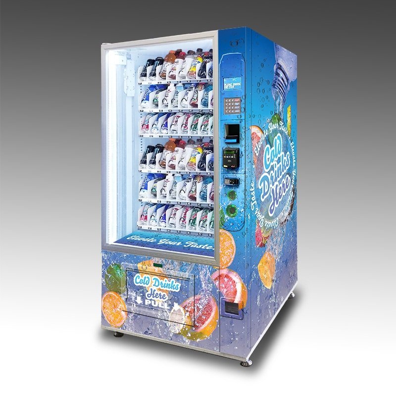 Elevate-Your-Taste-Duravend-54-BE-Drinks-Wrapped.jpg DVS Duravend 54BE elevator drink vending machine front view