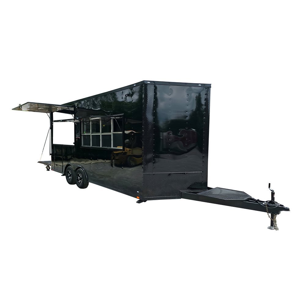 8.5 X 20 Black W/ Blackout Concession Trailer With 8′ Porch Food Event Catering