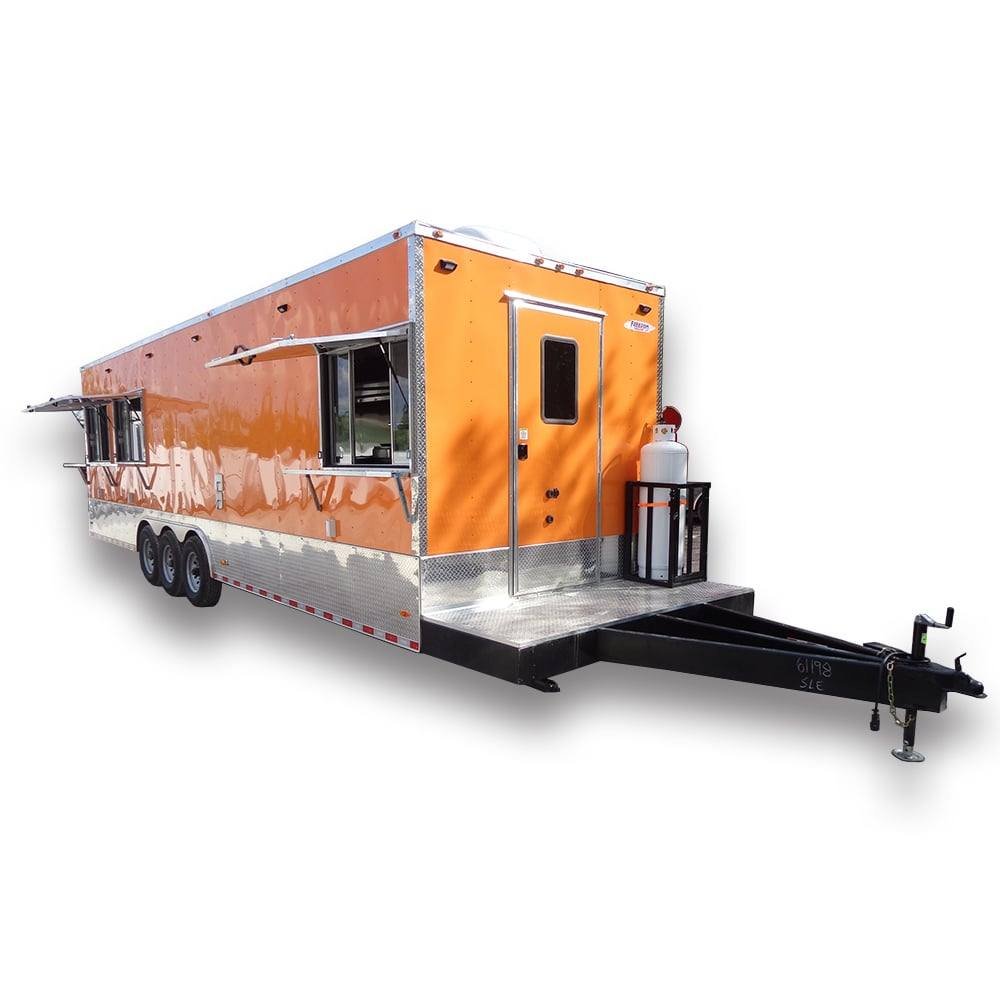 8.5′ x 30′ Orange Flat Nose Food Concession Trailer With Appliances