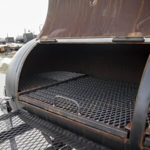 wood charcoal pit smoker trailer with wood cage and firebox - view 14