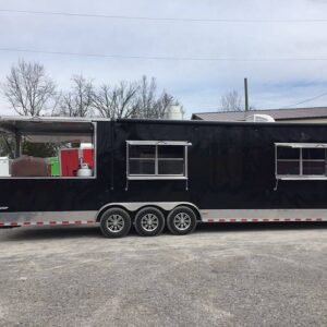 8.5' x 32' Black BBQ Porch Concession Food Trailer with Restroom and Appliances