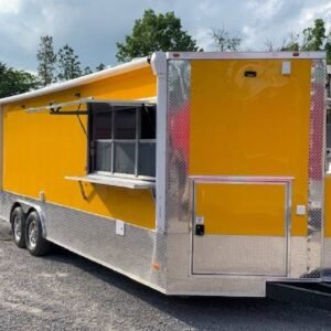 8.5' x 24' Penske Yellow Concession Food Trailer with Restroom and Appliances