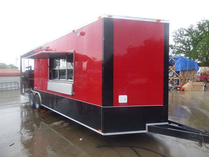 BBQ Concession Trailer 8.5′ x 26′ Red and Black With BBQ Smoker Porch and Restroom — photo 2