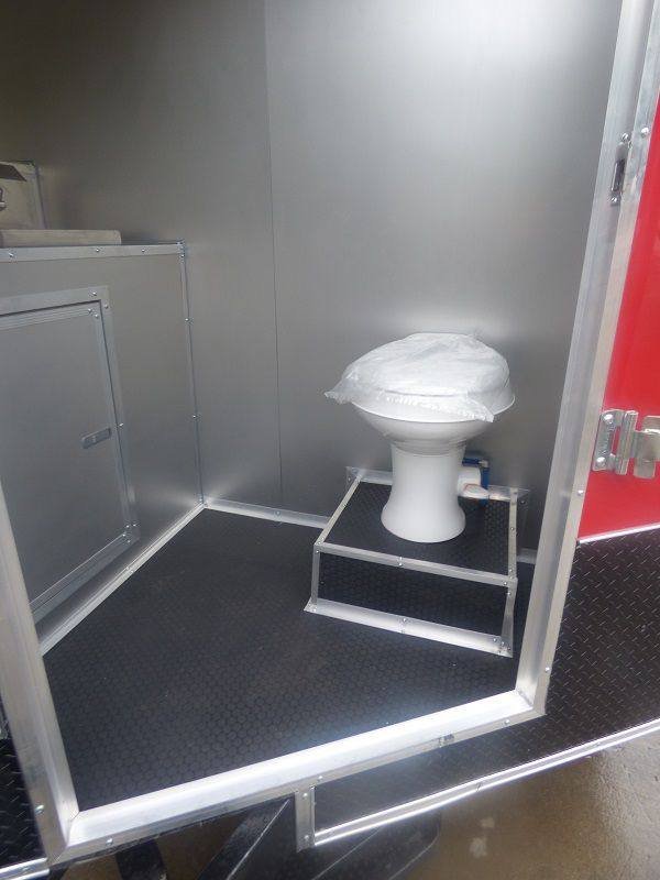 BBQ Concession Trailer 8.5′ x 26′ Red and Black With BBQ Smoker Porch and Restroom — photo 4