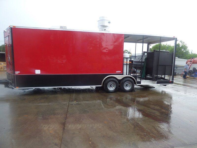 BBQ Concession Trailer 8.5′ x 26′ Red and Black With BBQ Smoker Porch and Restroom — photo 3