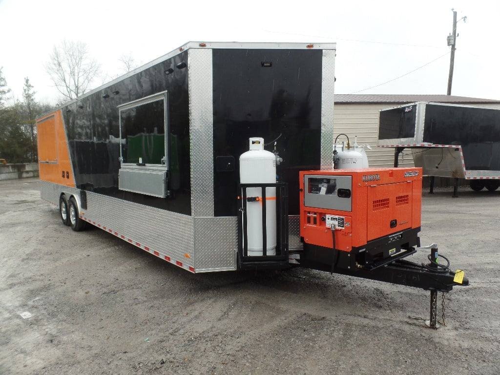 8.5′ x 30′ Black and Orange Porch Style Concession Trailer with Restroom and Appliances — photo 8