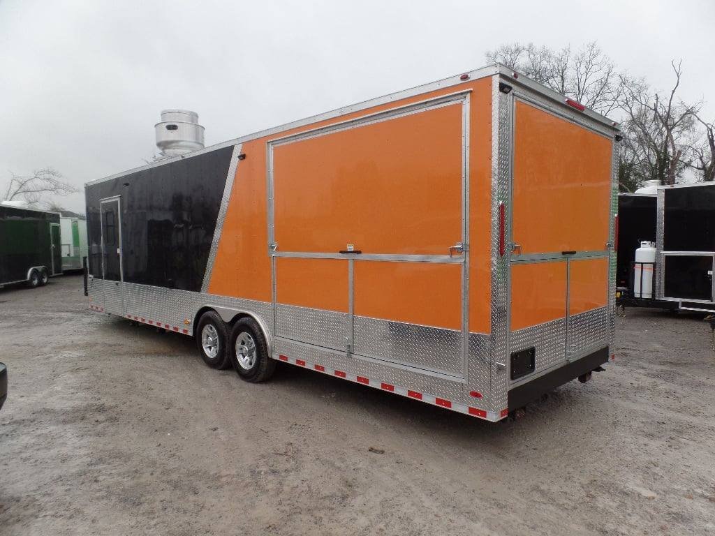 8.5′ x 30′ Black and Orange Porch Style Concession Trailer with Restroom and Appliances — photo 5
