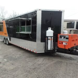 8.5' x 30' Black and Orange Porch Style Concession Food Trailer with Restroom