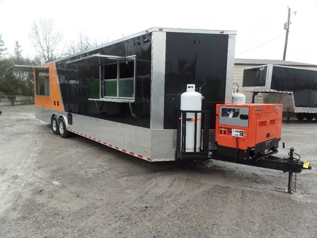 8.5′ x 30′ Black and Orange Porch Style Concession Food Trailer with Restroom