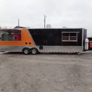 8.5' x 30' Black and Orange Porch Style Concession Trailer with Restroom and Appliances