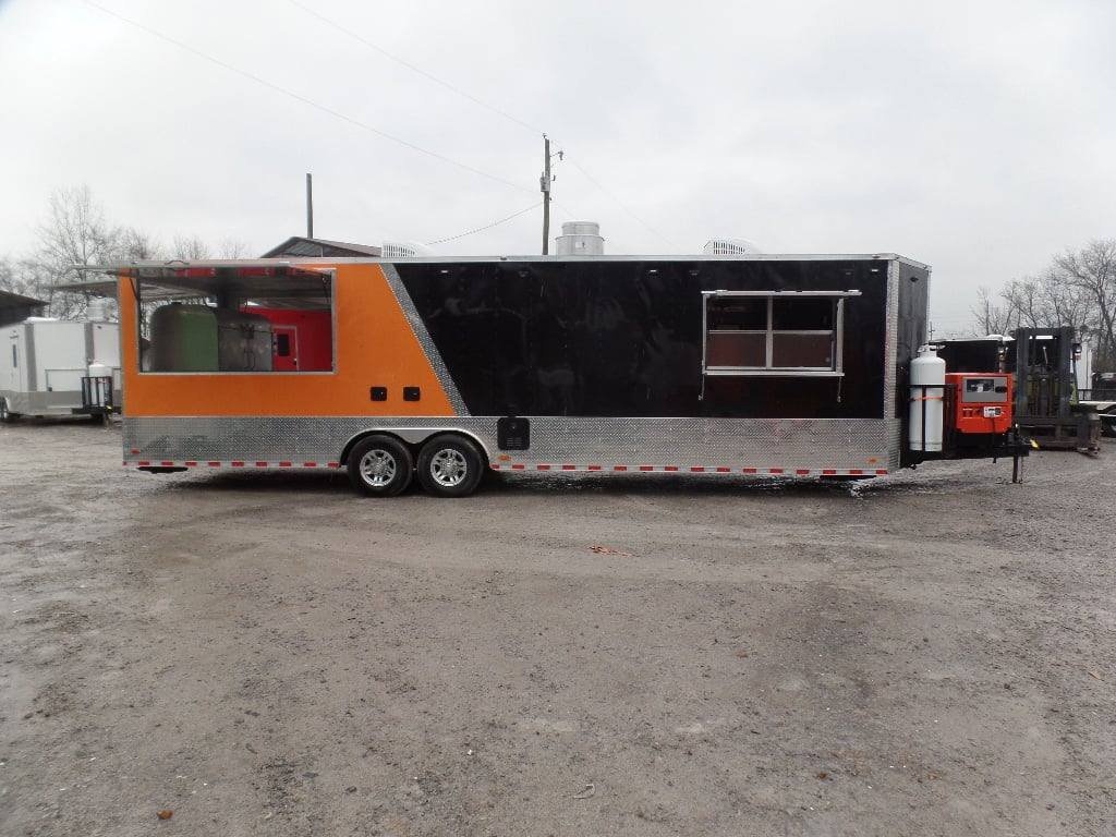 8.5′ x 30′ Black and Orange Porch Style Concession Trailer with Restroom and Appliances