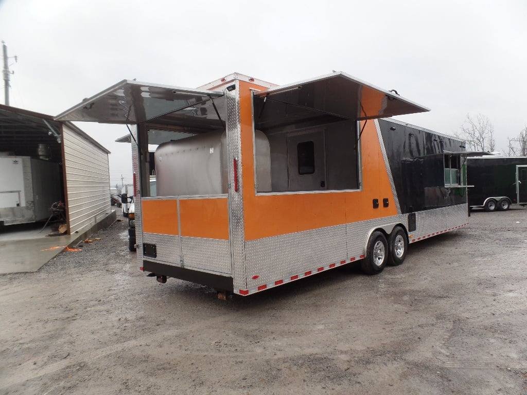 8.5′ x 30′ Black and Orange Porch Style Concession Trailer with Restroom and Appliances — photo 9