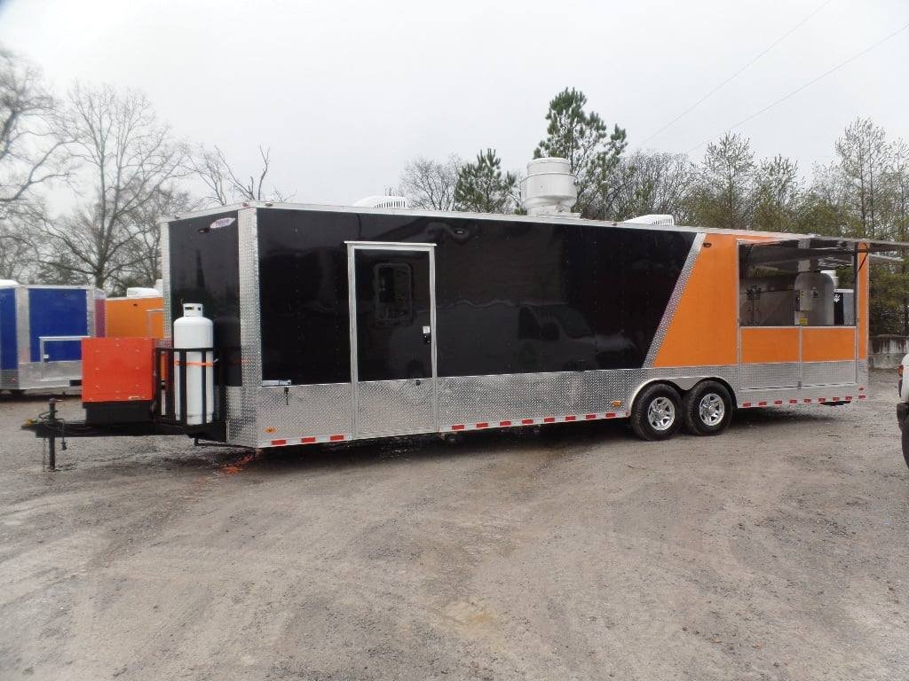 8.5′ x 30′ Black and Orange Porch Style Concession Food Trailer with Restroom — photo 3