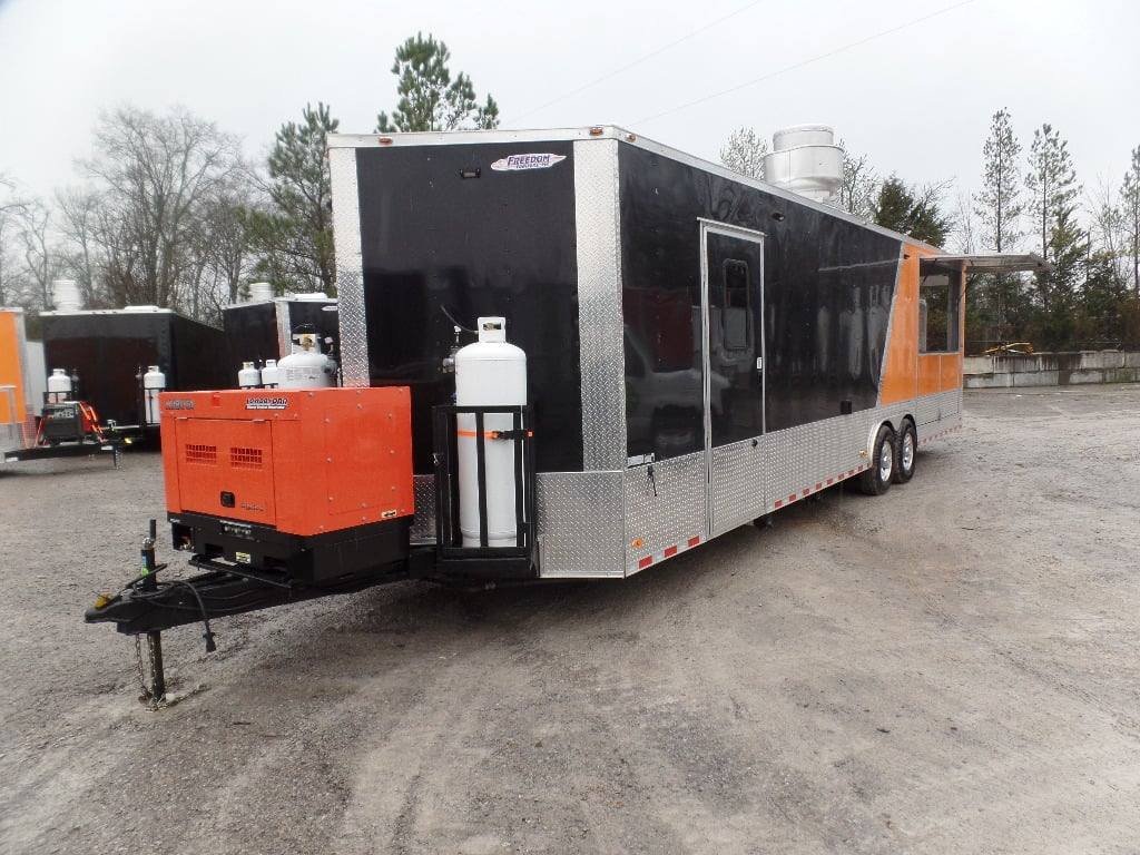 8.5′ x 30′ Black and Orange Porch Style Concession Trailer with Restroom and Appliances — photo 11