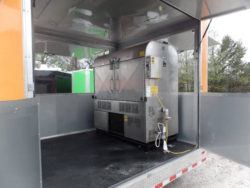 8.5′ x 30′ Black and Orange Porch Style Concession Trailer with Restroom and Appliances — photo 14