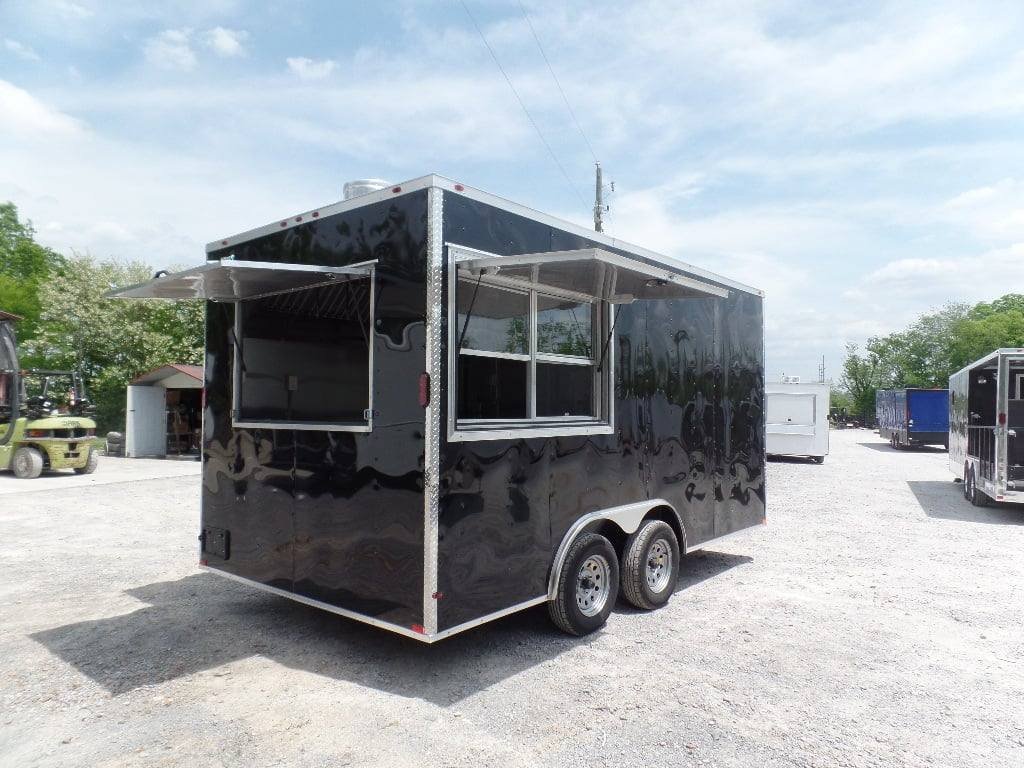 8.5′ x 16′ Black Flat Front Concession Food Trailer With Appliances